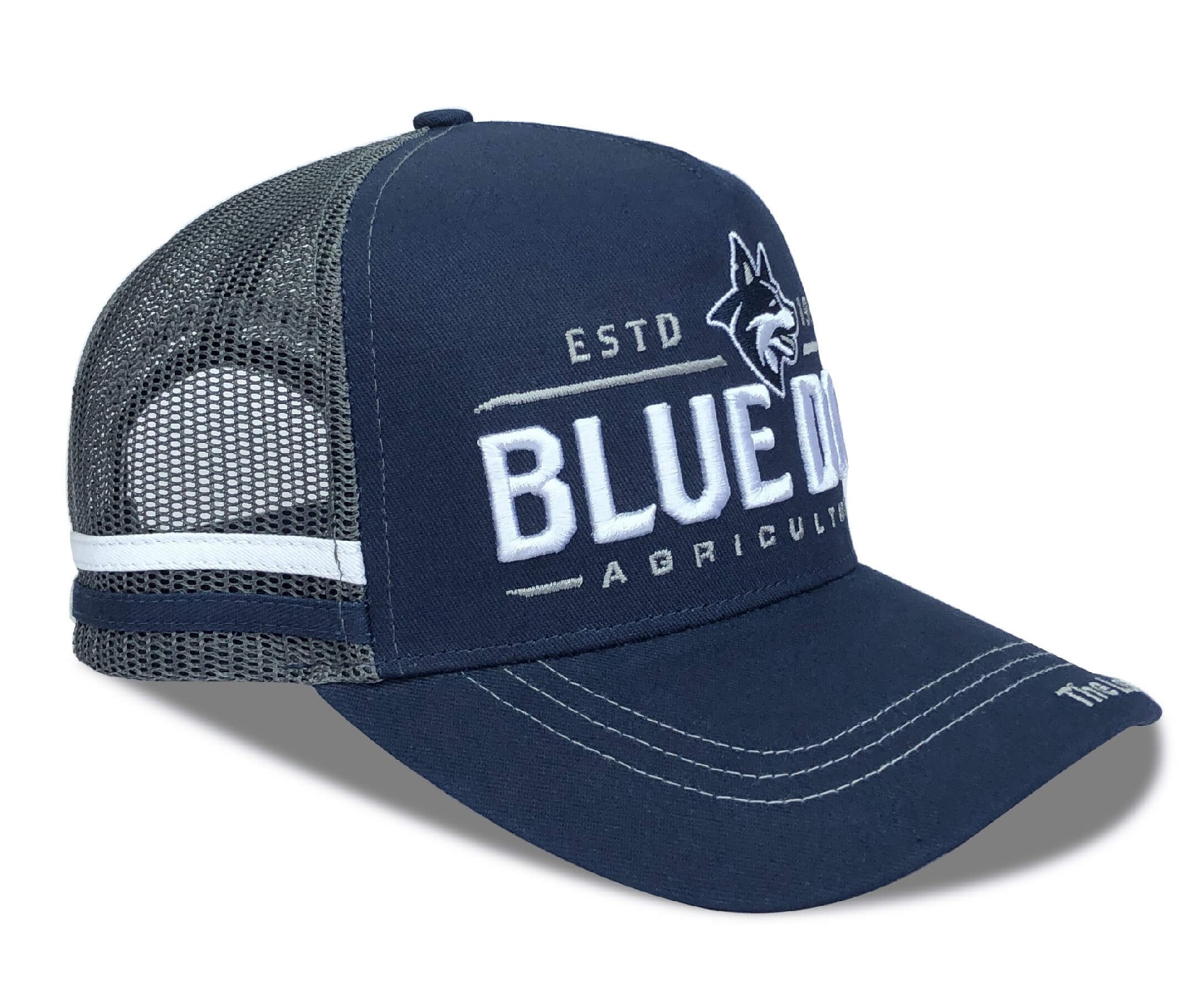 CTC-3034(Oem 5 Panel High Quality Australia Country Trucker Caps High Profile Navy Blue Crown Logo 2 Side Stripe Trucker Hats)