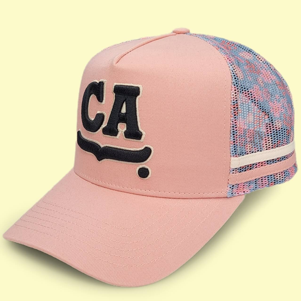 CTC-3035(Wholesale 5 Panel High Profile Structured Crown Striped Mesh Trucker Hat, Australia 2 Side Stripes Country Trucker Caps)