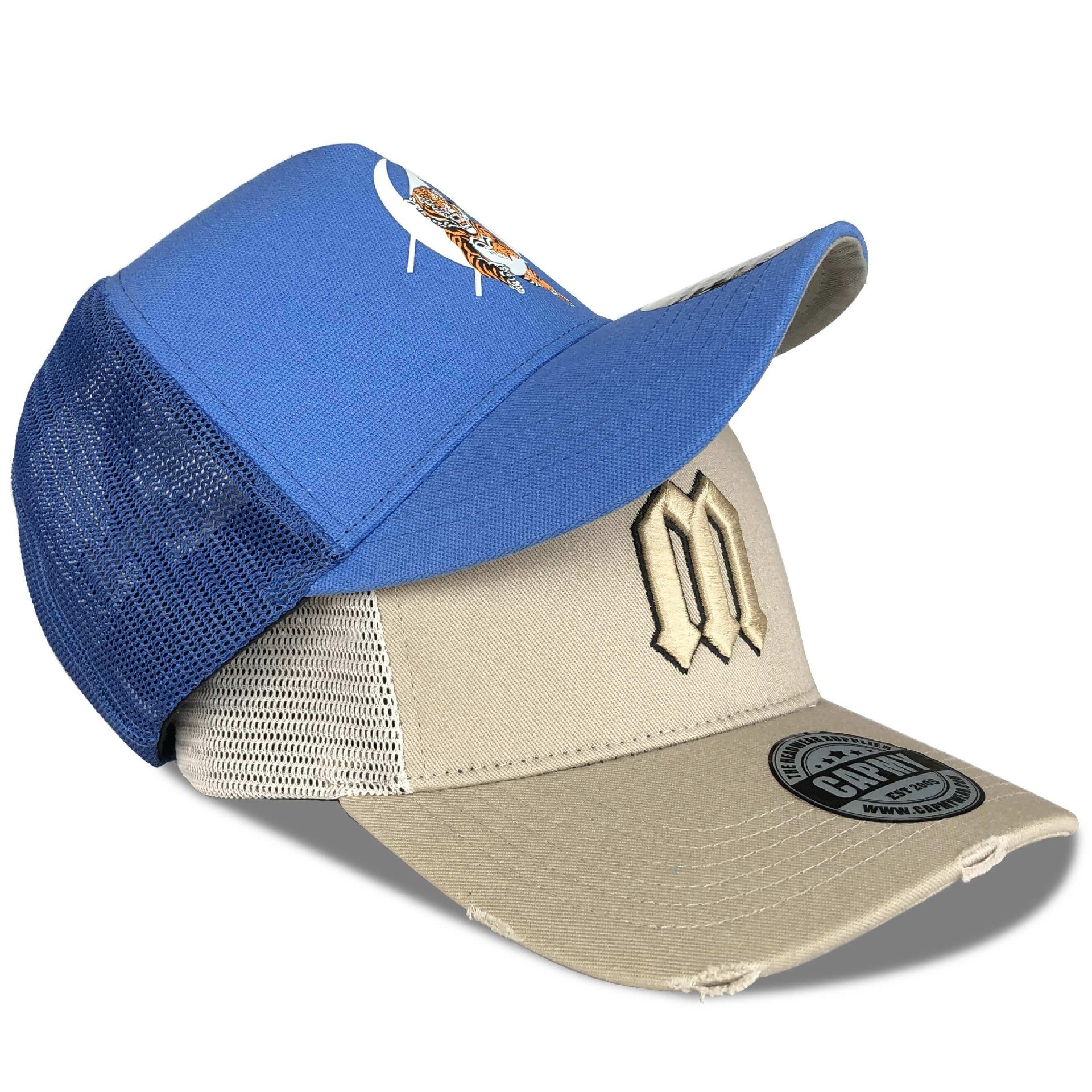 CMC-3100 (Customized Cotton 5 Panel Yelir Brown Mesh Trucker Cap With Vintage Distressed Rip Trucker Hats)