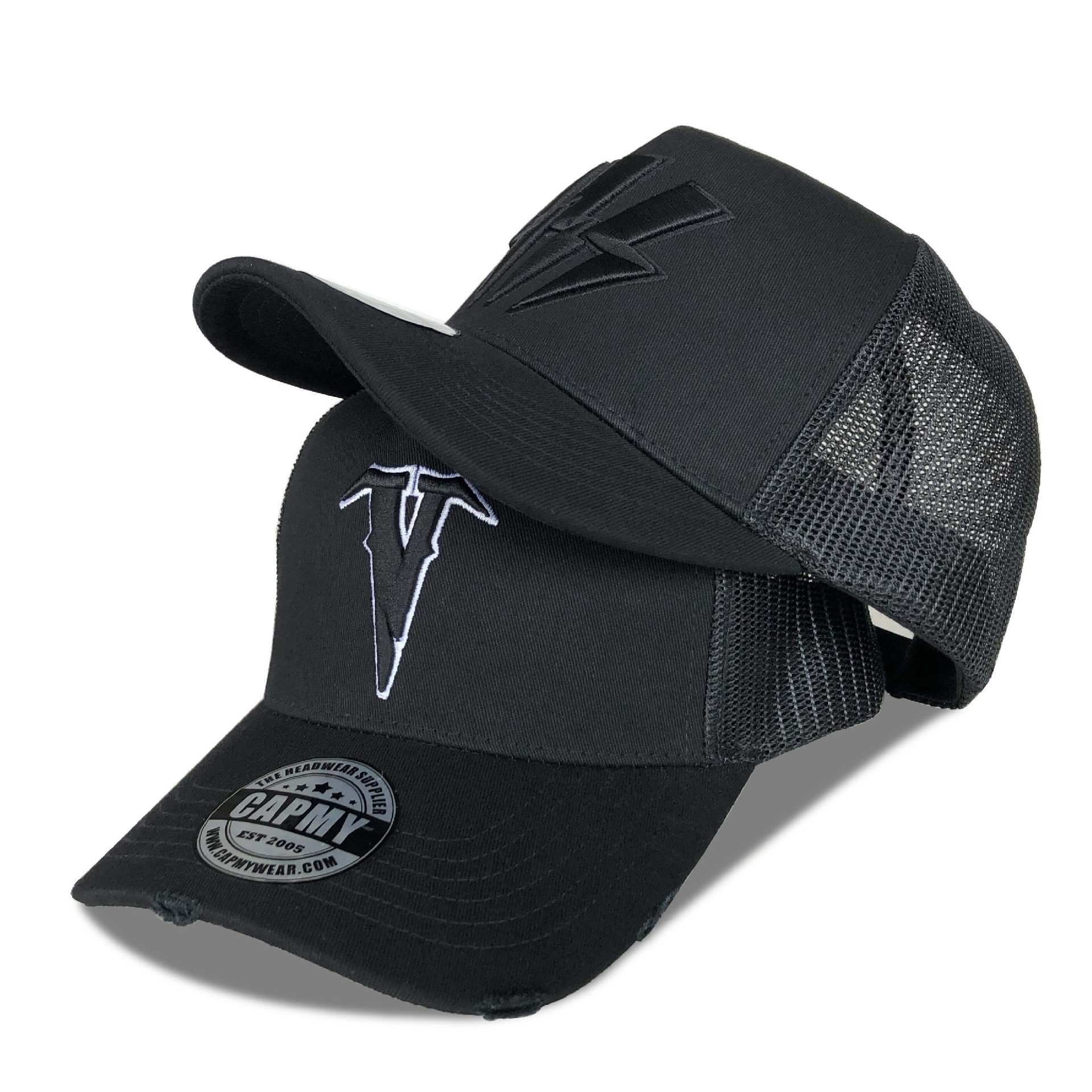 CMC-3110( Wholesale 3D Embroidery Logo Mens Sports 5 Panel Black Distressed Rip Vintage Mesh Trucker Cap Hat Factory)