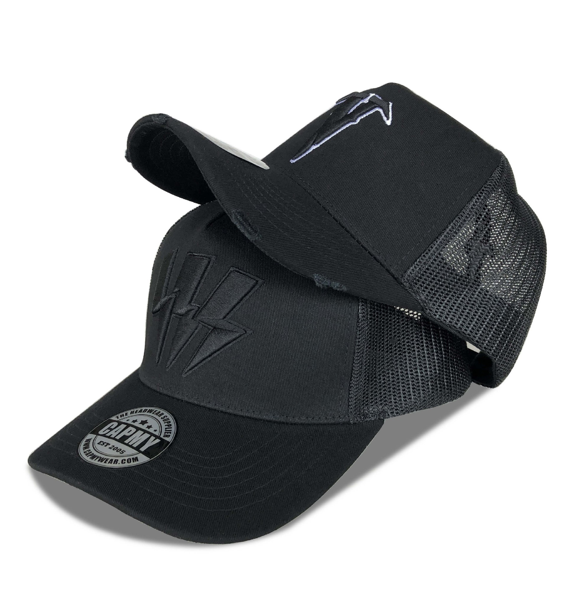 CMC-3111(Good Shape Black Embroidered Logo Caps For Men Vintage Distressed Rip Mesh Sports Trucker Hat)