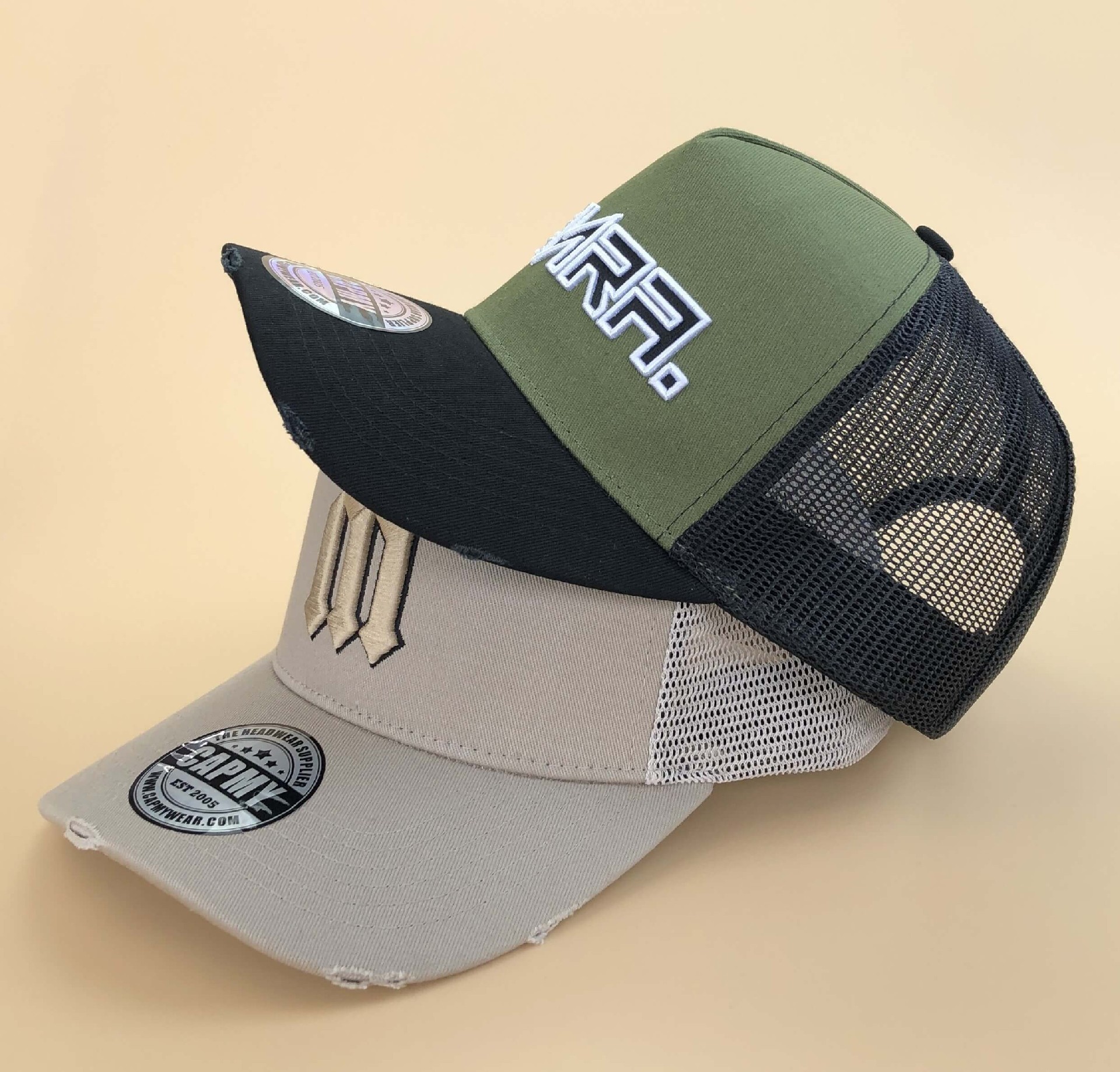 CMC-3115(Olive Green Town Tone Embroidered Logo Caps Vintage Distressed Rip Mesh Sports Trucker Hat Supplier)