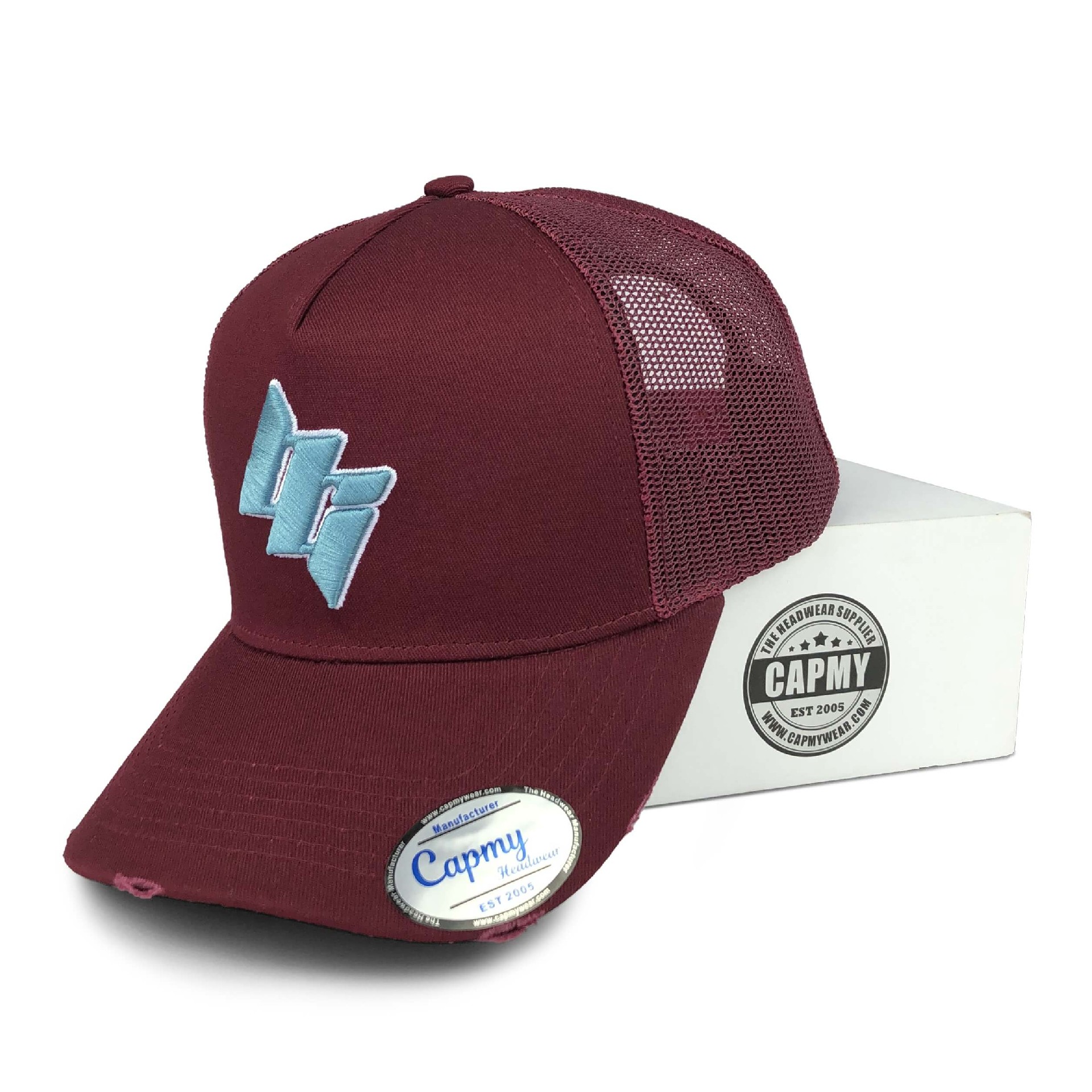 CMC-3119(Customized Cotton 5 Panel Embroidery New Mesh Trucker Cap With Vintage Distressed Rip Trucker Hats)