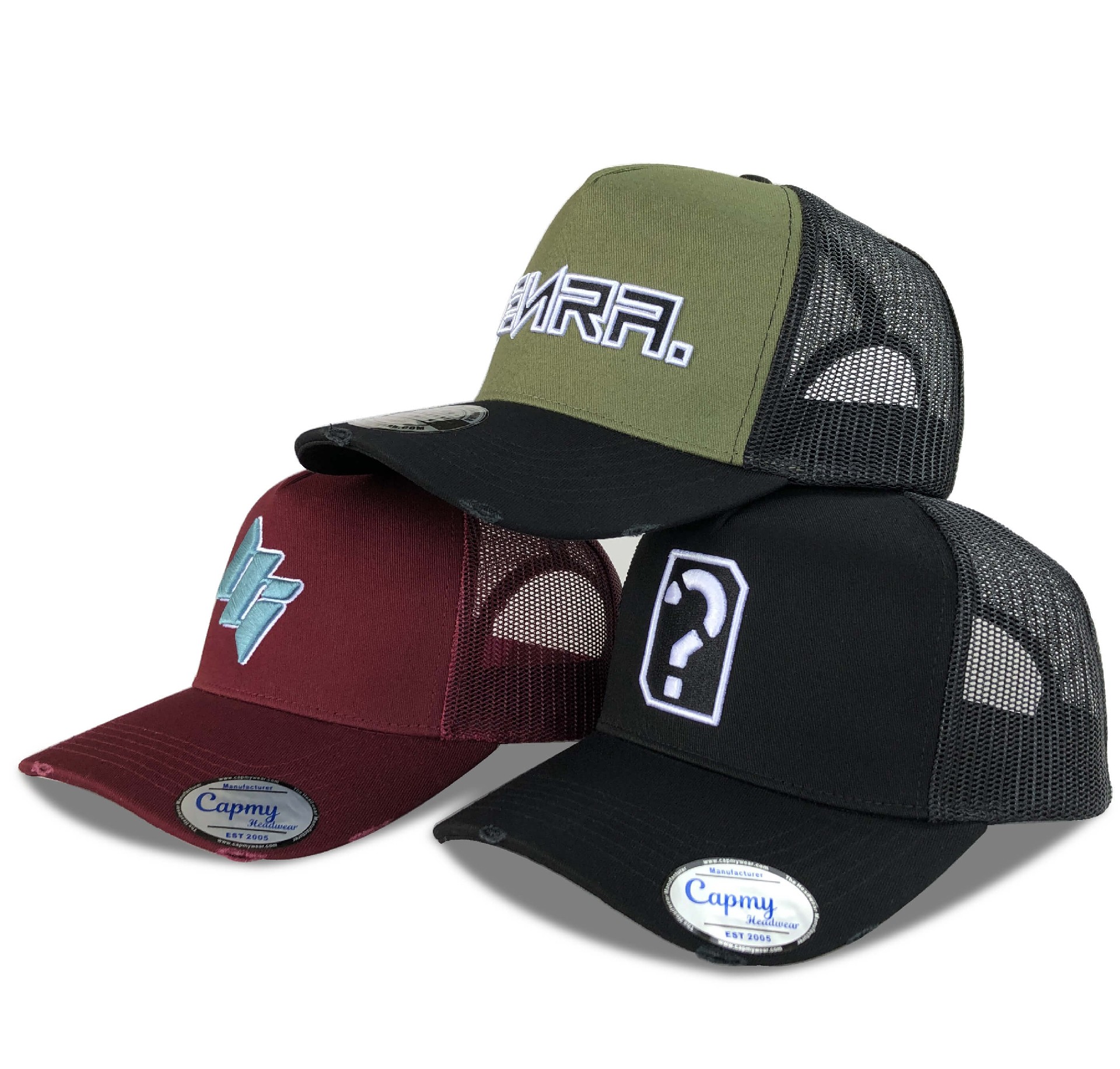 CMC-3120(Factory Customized 5 Panel 3D Embroidery Outdoor Sports Distressed Rip Vintage Black Yelir Trucker Hats)