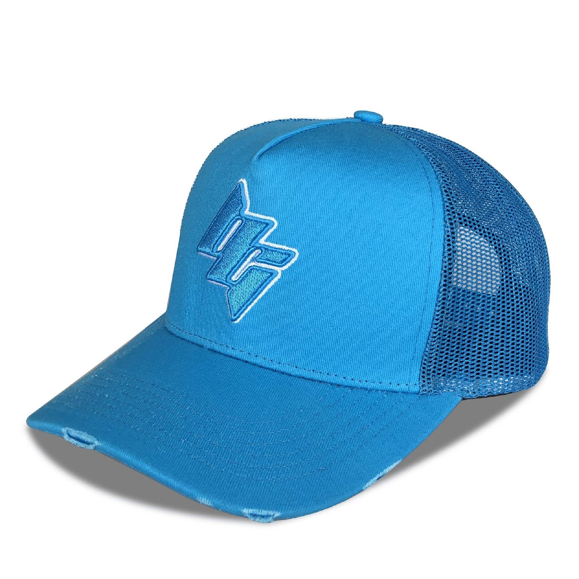 CMC-3123(Wholesale Custom 3D Embroidery Logo Sky Blue 5 Panel Distressed Rip Vintage Trucker Hats Supplier)