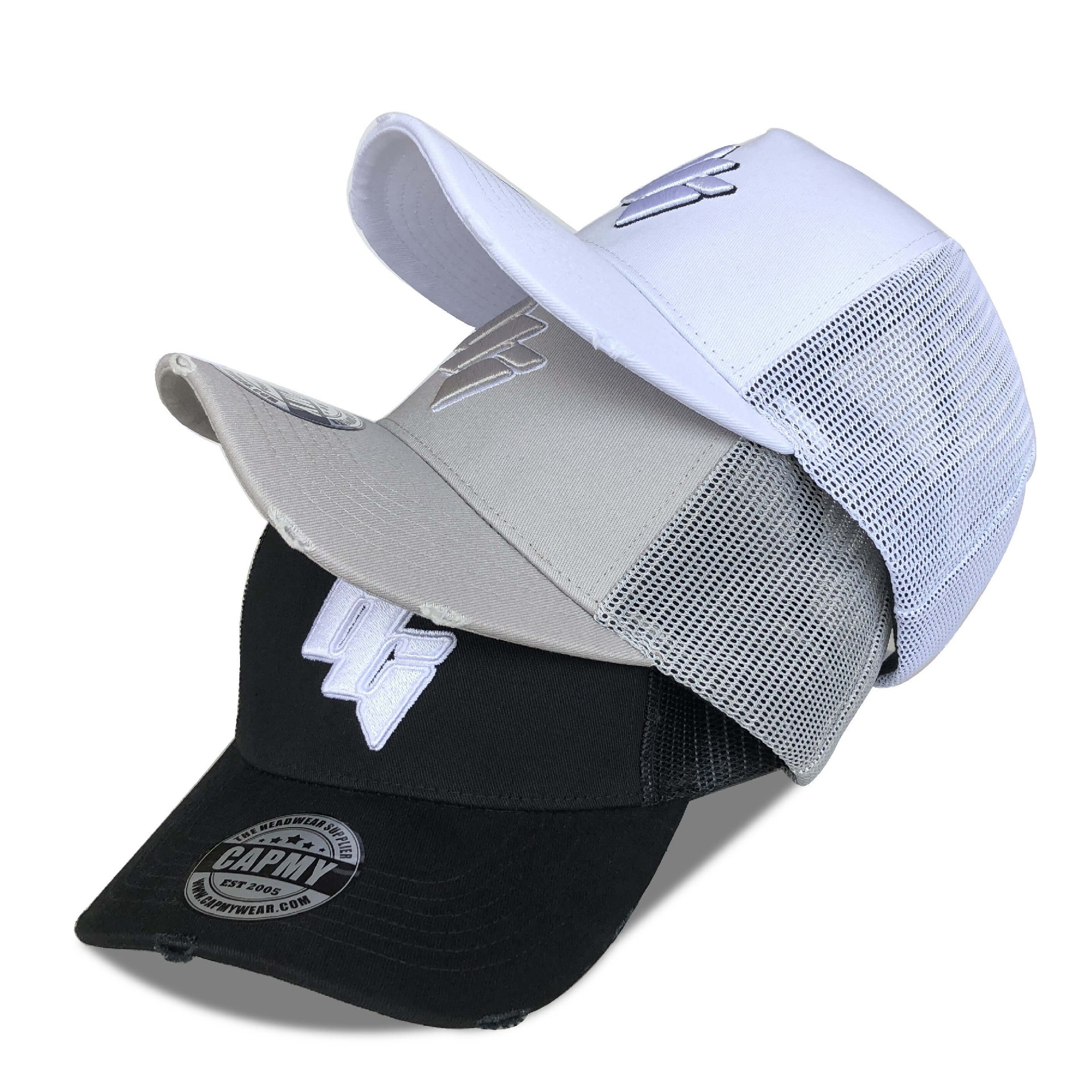CMC-3124( High Quality 5 Panel Grey Curved Brim Grey Vintage Distressed Rip Gorras Mesh Trucker Caps Hats)
