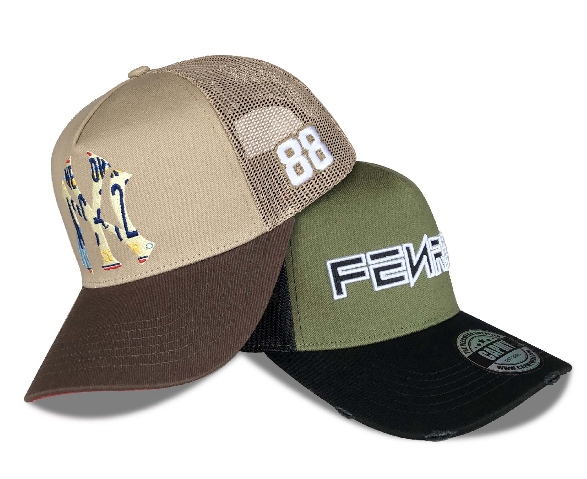 CMC-3126 (Hot Personalized Custom 5 Panel Olive Green Mesh Caps Two-tone Trucker Hats Manufacturer)