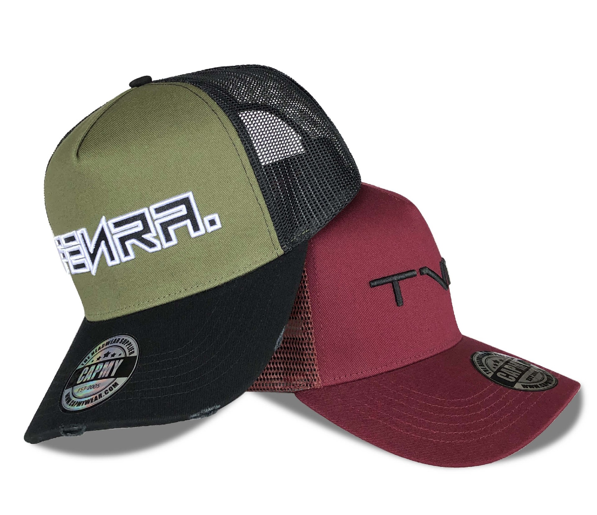 CMC-3127(Custom Logo Maroon 5 Panel Mesh Caps Two-tone Distressed Rip Vintage Trucker Hats Supplier)
