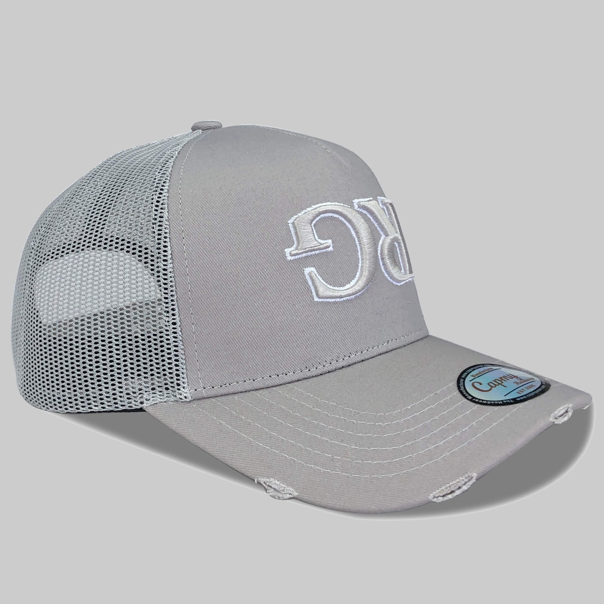 CMC-3132(Yelir Shape High Quality 5 Panel Structured Mesh Distressed Vintage Rip Blue Trucker Hat Factory)