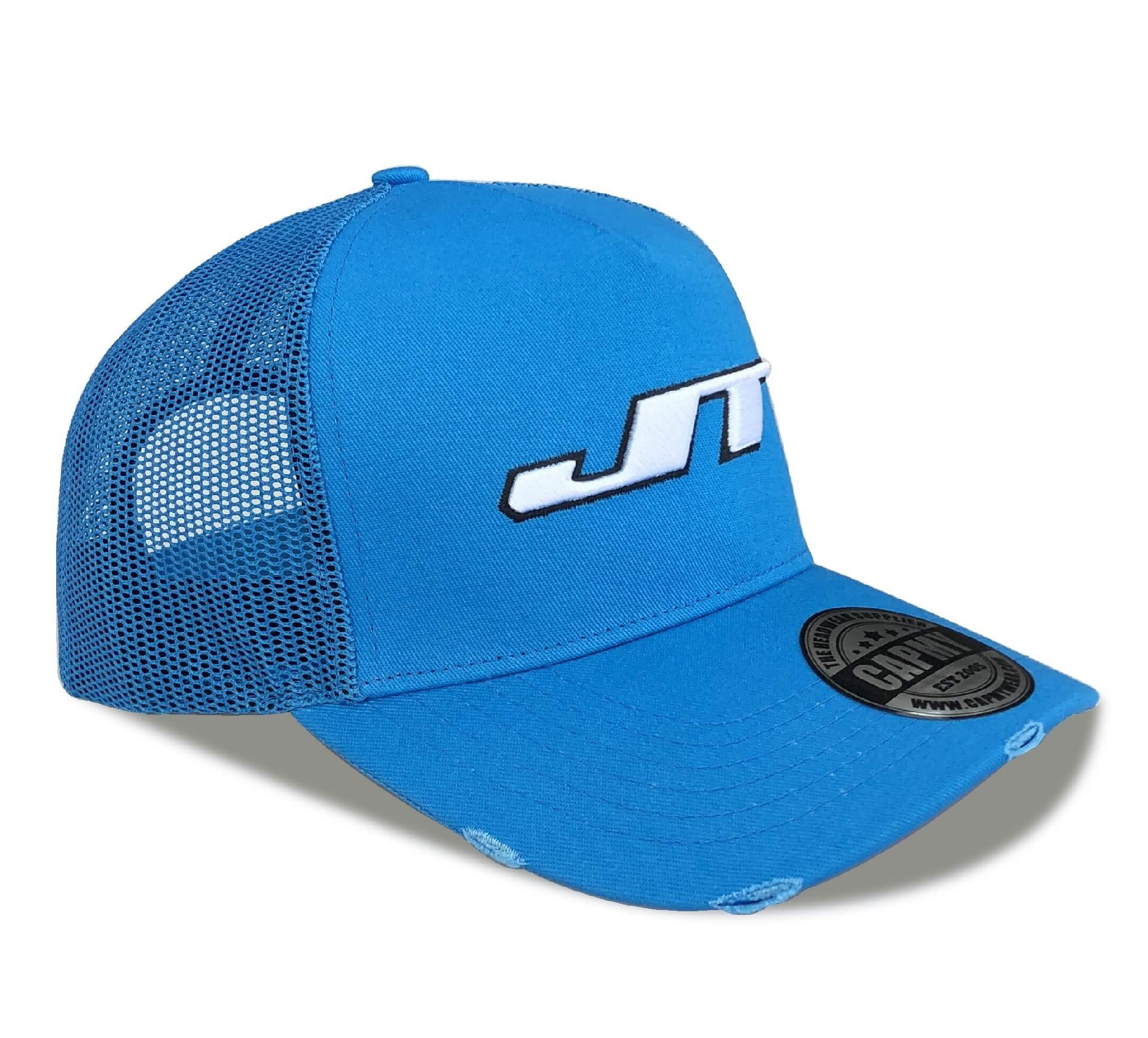 CMC-3137(High Quality 5 Panel Yelir Structured Mesh Distressed Vintage Rip Blue Trucker Hat Factory)
