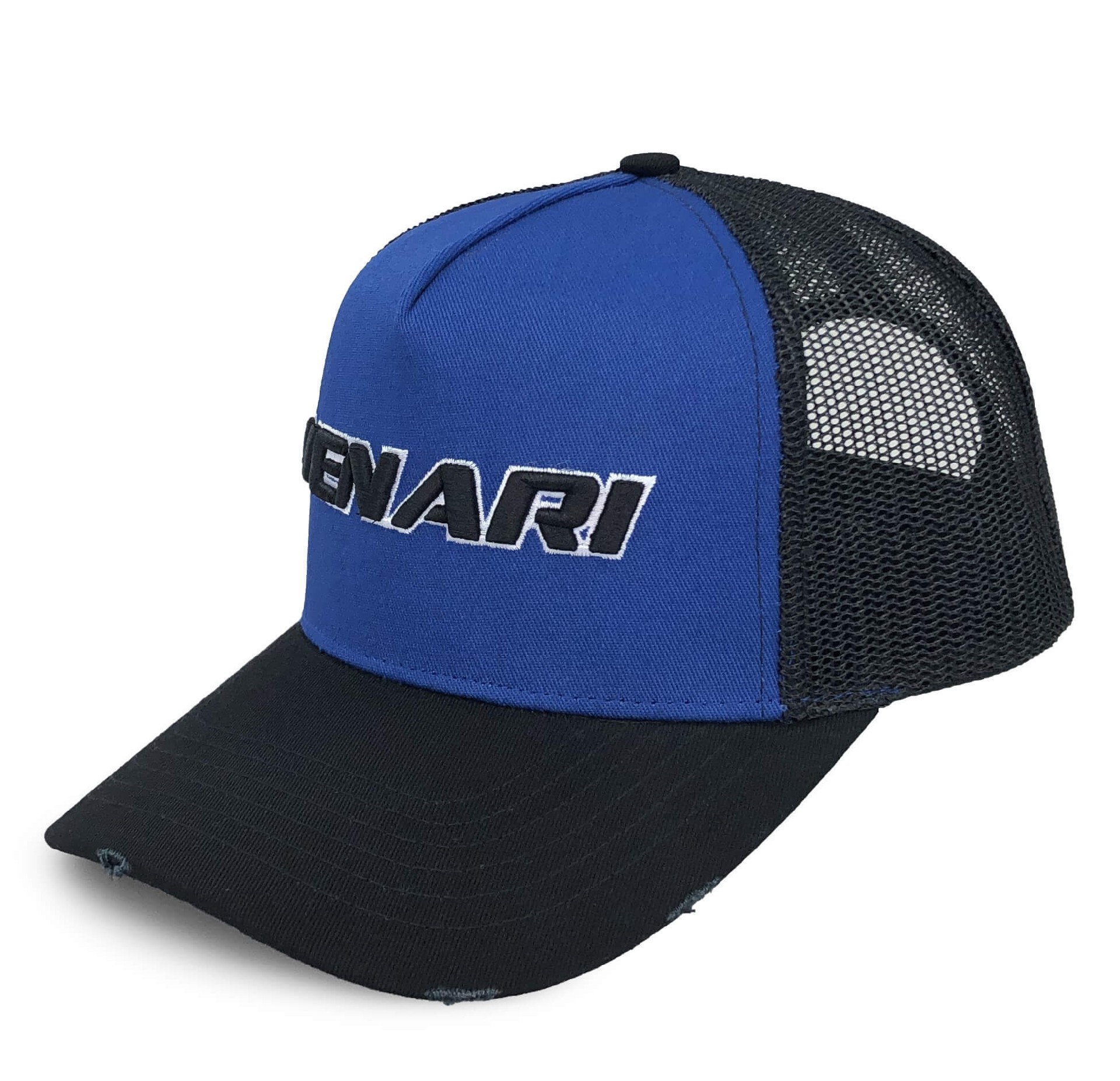 CMC-3138（Small Minimum Custom Logo 5 Panel Mesh Hat Outdoor Royal Blue Vintage Distressed Rip Trucker Hat Supplier）
